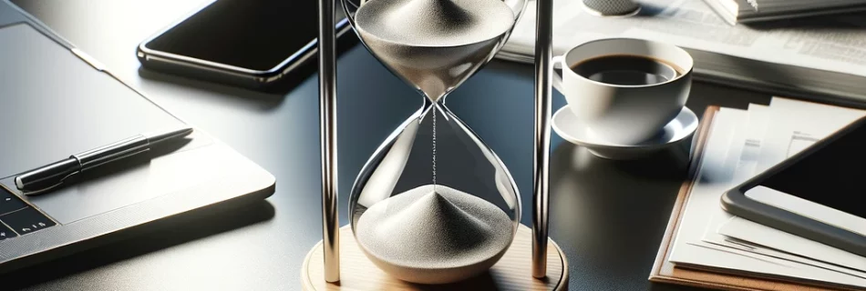 A-realistic-image-of-an-hourglass-on-a-busy-or-sleek-office-desk.-The-desk-is-equipped-with-a-modern-laptop-scattered-papers-a-cup-of-coffee-and-so