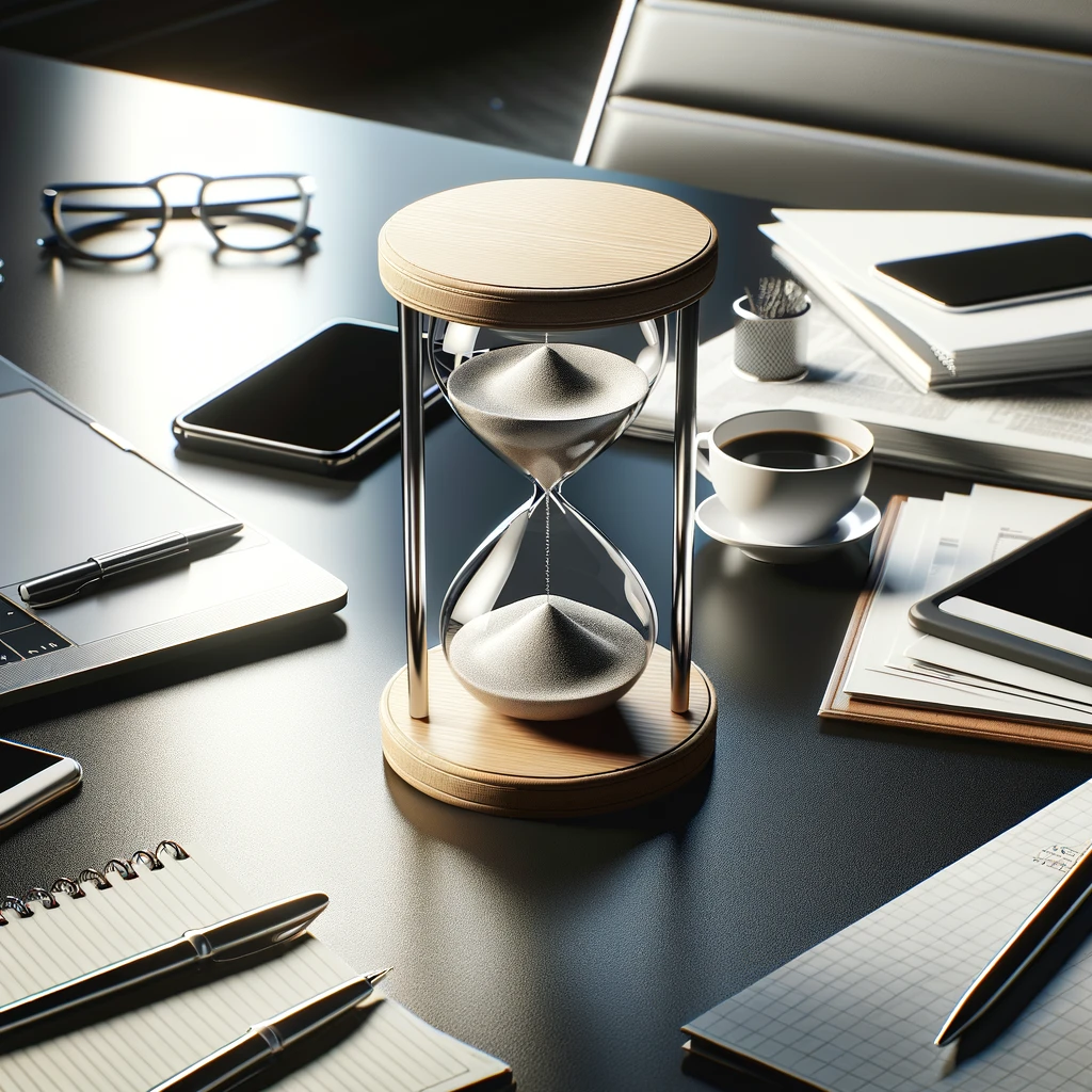 A-realistic-image-of-an-hourglass-on-a-busy-or-sleek-office-desk.-The-desk-is-equipped-with-a-modern-laptop-scattered-papers-a-cup-of-coffee-and-so